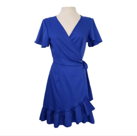 NAGOO Dress Wrap Around Ruffle Hem Blue Size S - Picture 1 of 10